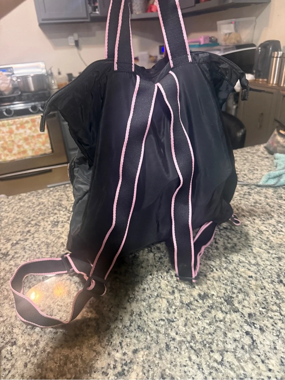 Victoria's Secret Black Backpack with Pink Striped Front Pocket